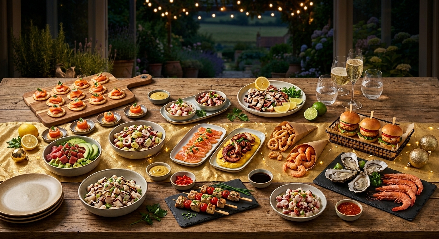 Tavolo panoramico con preparazioni Fish Lab per catering